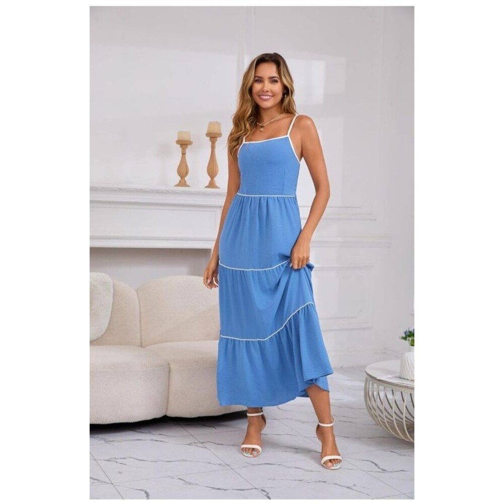 Women's Sundress Boho Square Neck Long Spaghetti Strap Maxi Dress Sz XL Blue